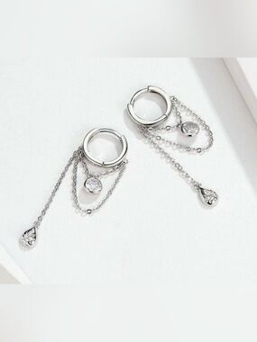 Sterling Silver s925 Dangle chain Hoop Earrings with Crystal Drops